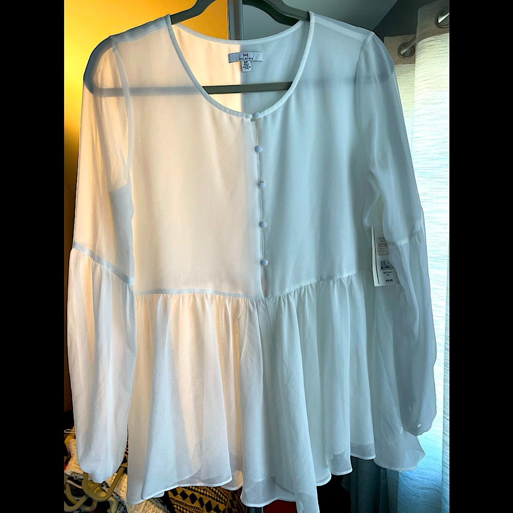 Halston white baby doll blouse..size small